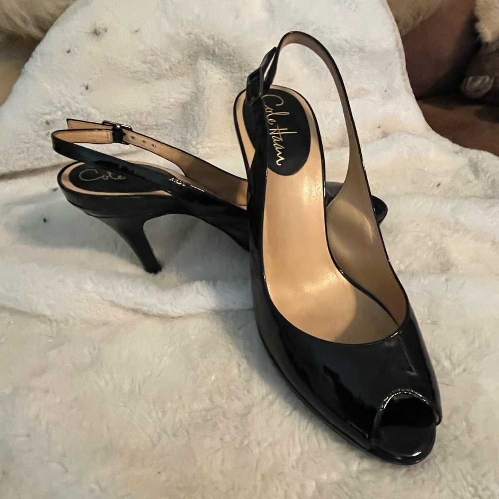 Cole Haan Black Patent Leather Peep Toe Sling Back 7.5. Height is 3.75 inches.